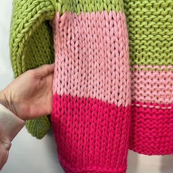 Listicle Green Pink Orange Colorblock Pocketed Soft Knit Cardigan Sweater Small - Picture 4 of 8